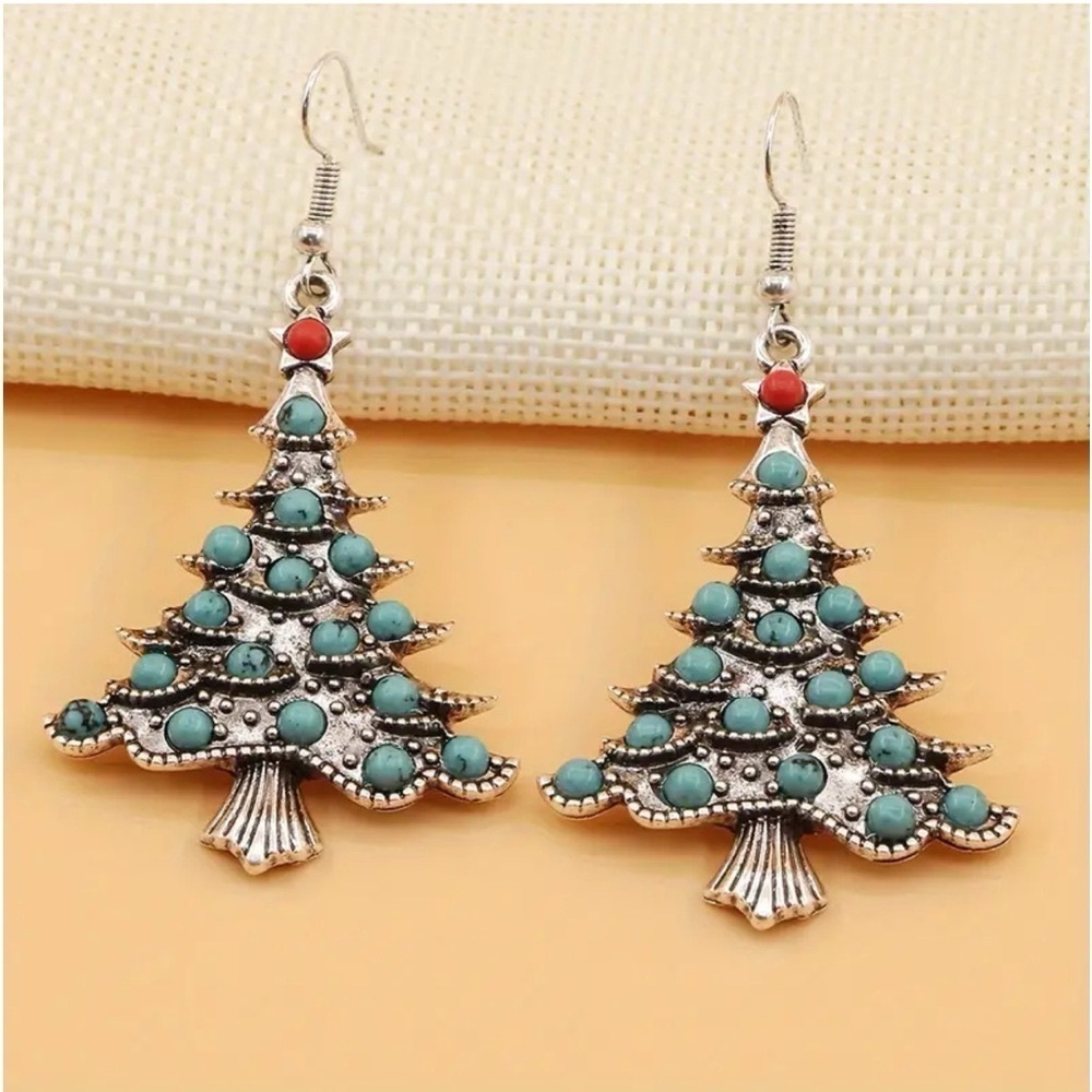 Silver Boho Chic Christmas Tree Turquoise Inlaid Holiday Dangle Earrings New - Picture 3 of 5
